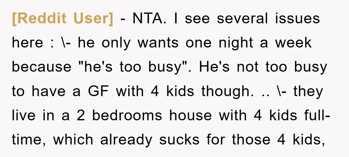 [Reddit User] − NTA. I see several issues here : \- he only wants one night a week because "he's too busy". He's not too busy to have a GF...