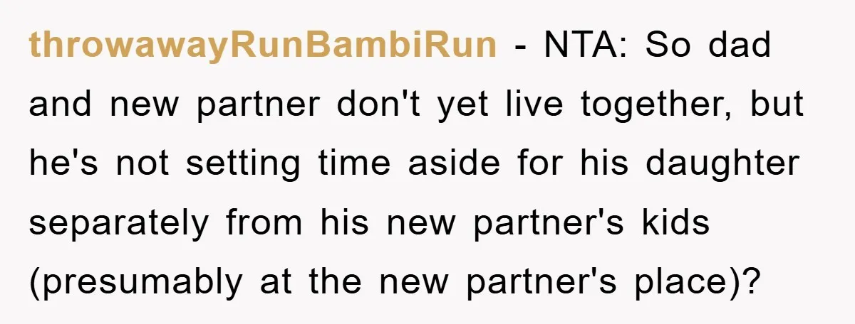 throwawayRunBambiRun − NTA: So dad and new partner don't yet live together, but he's not setting time aside for his daughter separately from his new partner's kids (presumably at the...