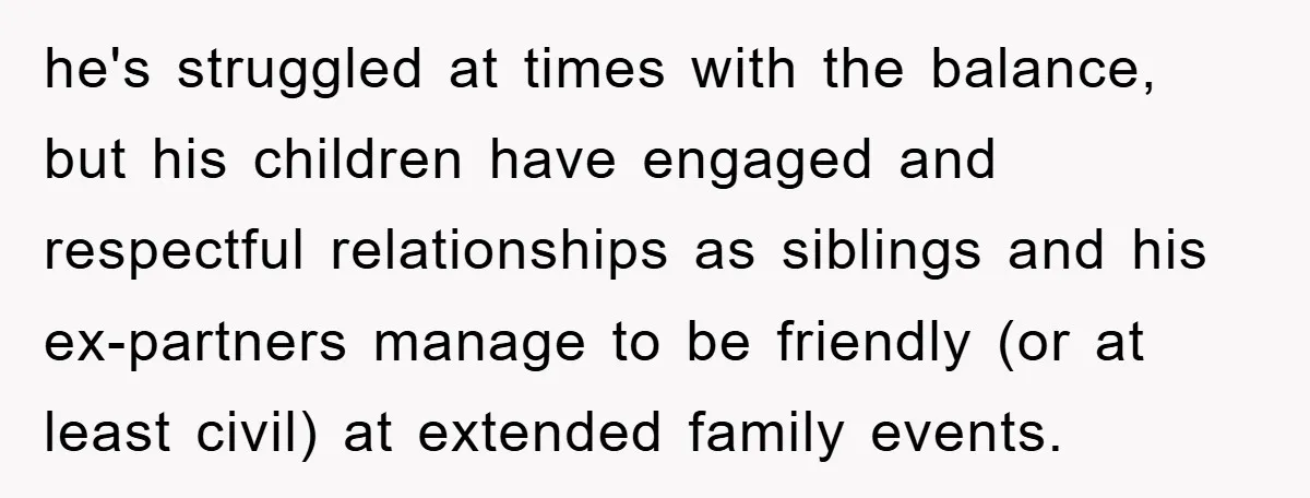 he's struggled at times with the balance, but his children have engaged and respectful relationships as siblings and his ex-partners manage to be friendly (or at least civil) at extended...