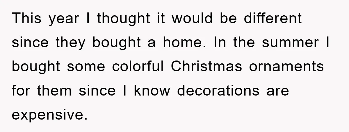 This year I thought it would be different since they bought a home. In the summer I bought some colorful Christmas ornaments for them since I know decorations are expensive.