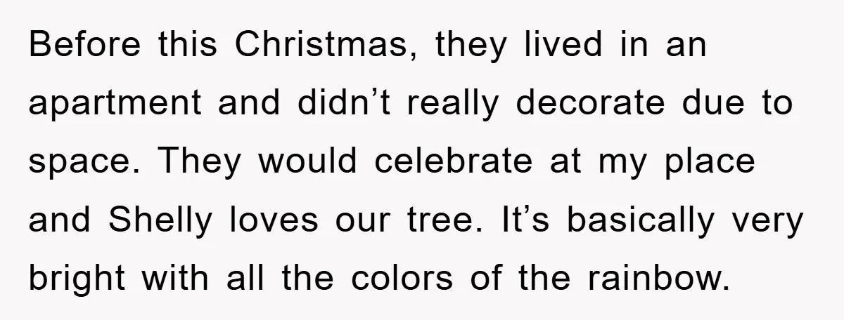 Before this Christmas, they lived in an apartment and didn’t really decorate due to space. They would celebrate at my place and Shelly loves our tree. It’s basically very bright...