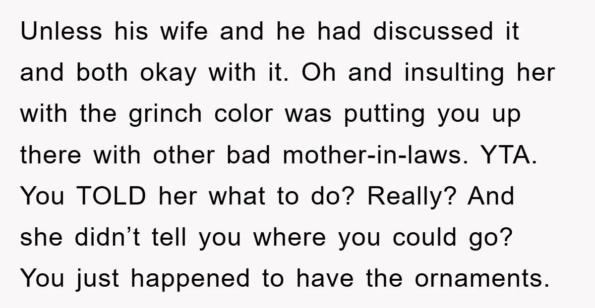 Unless his wife and he had discussed it and both okay with it. Oh and insulting her with the grinch color was putting you up there with other bad mother-in-laws....