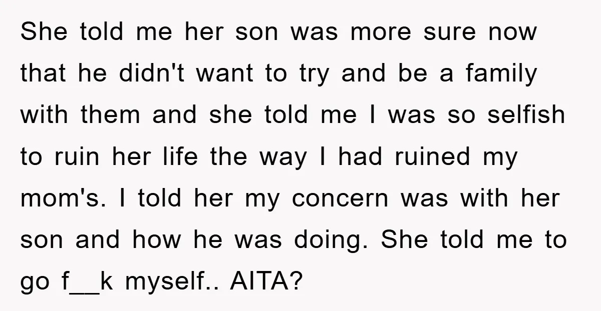 She told me her son was more sure now that he didn't want to try and be a family with them and she told me I was so selfish to...