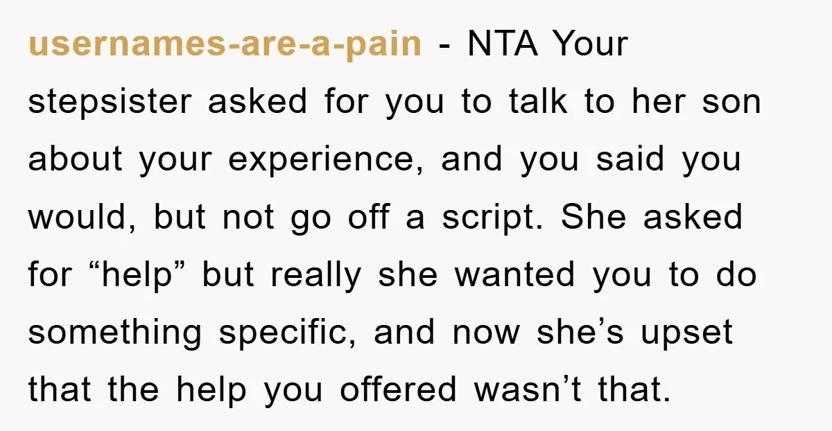 usernames-are-a-pain − NTA Your stepsister asked for you to talk to her son about your experience, and you said you would, but not go off a script. She asked for...