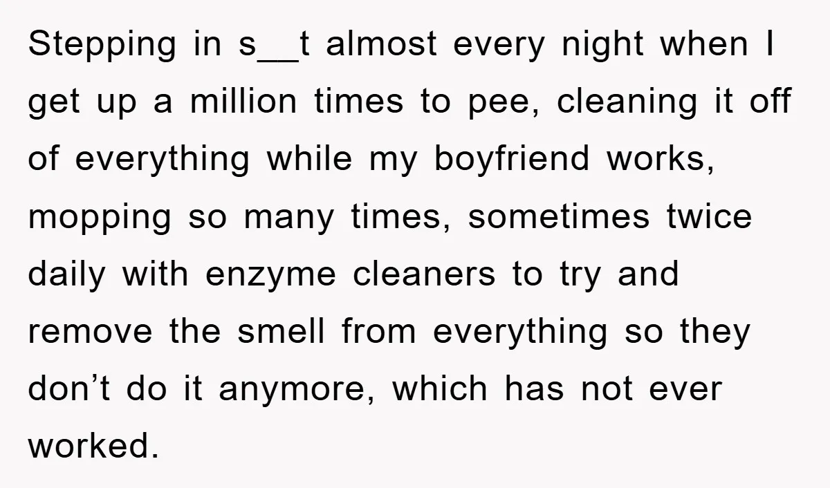 Stepping in s__t almost every night when I get up a million times to pee, cleaning it off of everything while my boyfriend works, mopping so many times, sometimes twice...