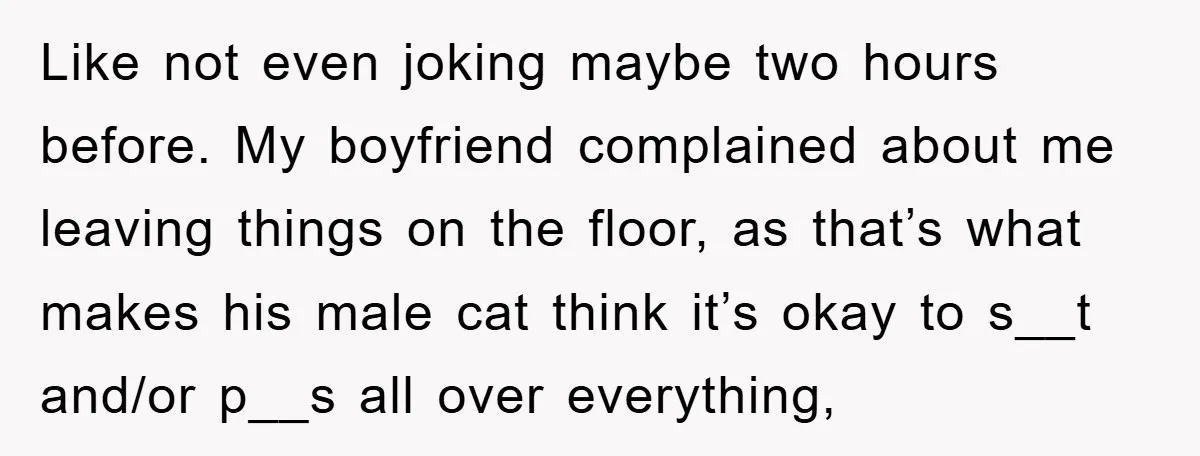Like not even joking maybe two hours before. My boyfriend complained about me leaving things on the floor, as that’s what makes his male cat think it’s okay to s__t...