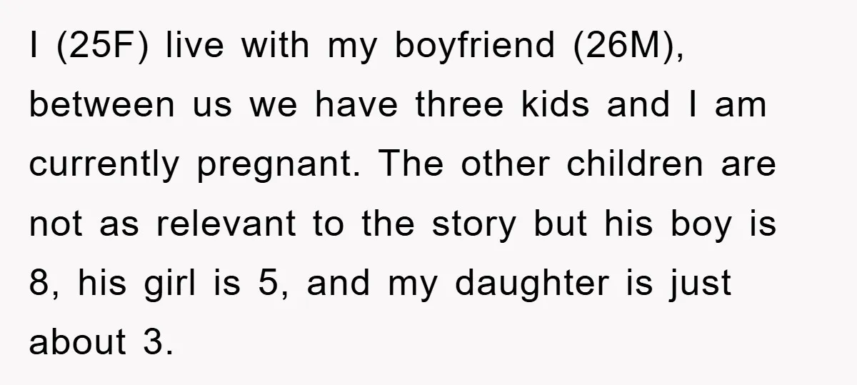 I (25F) live with my boyfriend (26M), between us we have three kids and I am currently pregnant. The other children are not as relevant to the story but his...