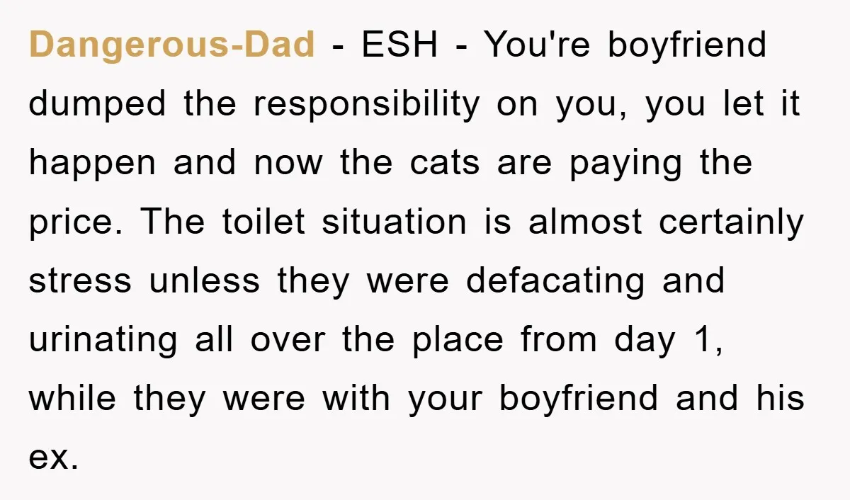 Dangerous-Dad − ESH - You're boyfriend dumped the responsibility on you, you let it happen and now the cats are paying the price. The toilet situation is almost certainly stress...