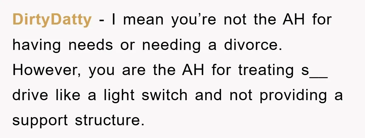 DirtyDatty − I mean you’re not the AH for having needs or needing a divorce. However, you are the AH for treating s__ drive like a light switch and not...