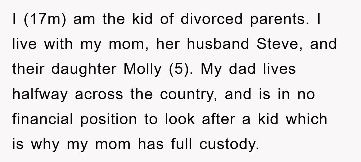 I (17m) am the kid of divorced parents. I live with my mom, her husband Steve, and their daughter Molly (5). My dad lives halfway across the country, and is...