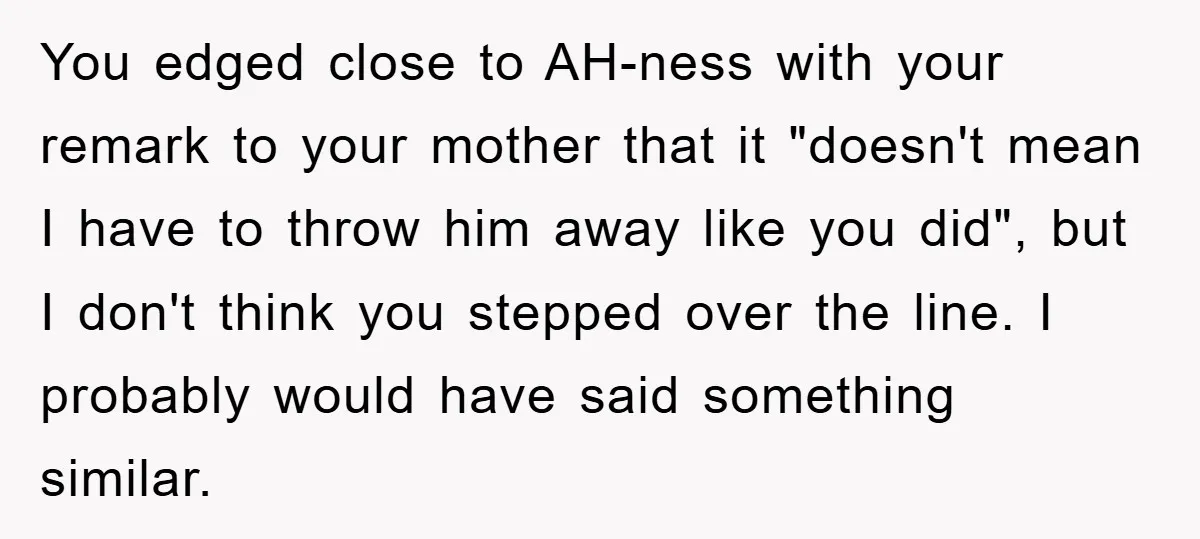 You edged close to AH-ness with your remark to your mother that it "doesn't mean I have to throw him away like you did", but I don't think you stepped...
