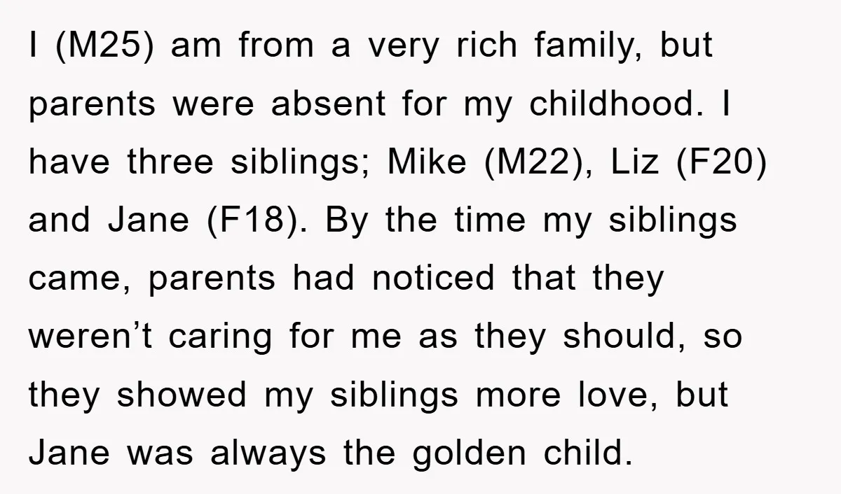 I (M25) am from a very rich family, but parents were absent for my childhood. I have three siblings; Mike (M22), Liz (F20) and Jane (F18). By the time my...