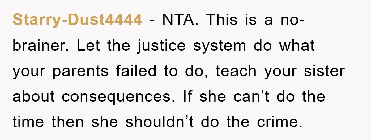 Starry-Dust4444 − NTA. This is a no-brainer. Let the justice system do what your parents failed to do, teach your sister about consequences. If she can’t do the time then...