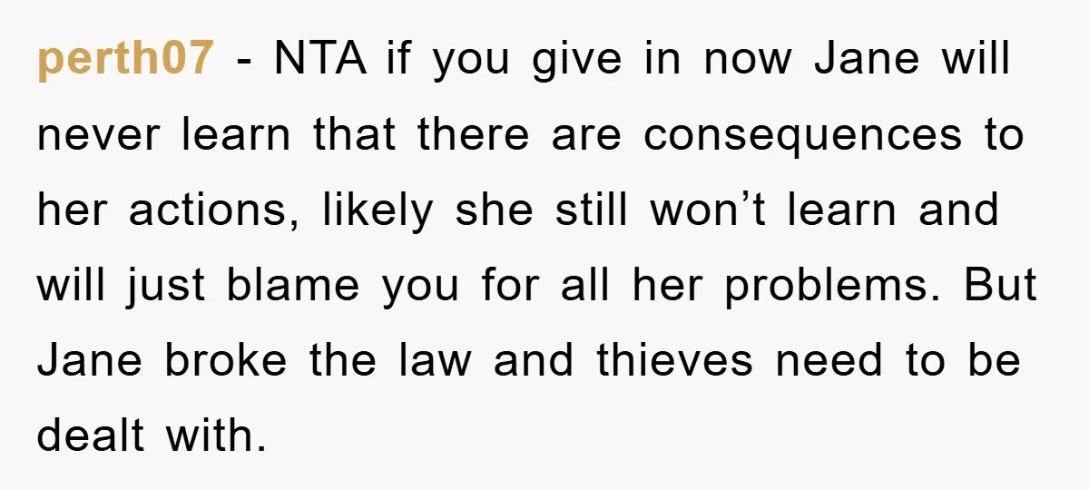 perth07 − NTA if you give in now Jane will never learn that there are consequences to her actions, likely she still won’t learn and will just blame you for...