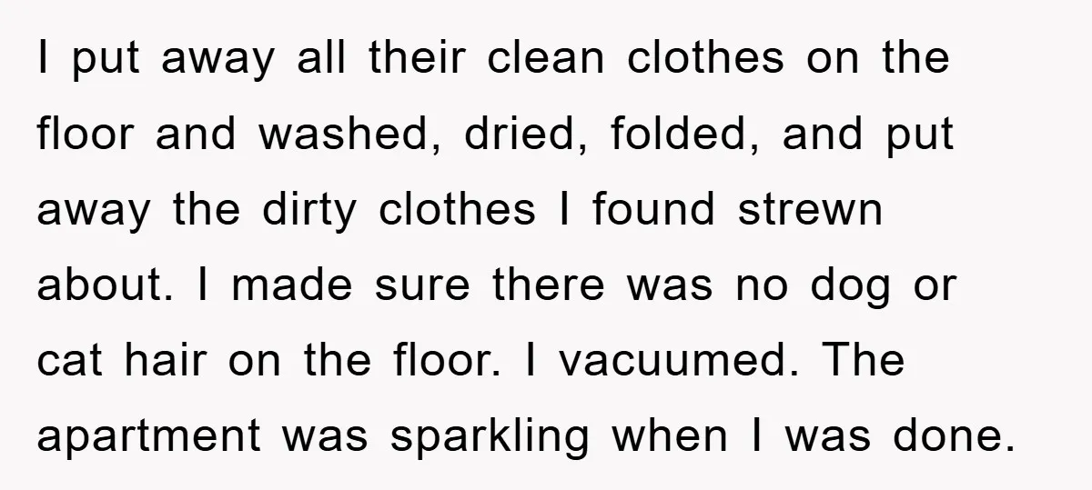 I put away all their clean clothes on the floor and washed, dried, folded, and put away the dirty clothes I found strewn about. I made sure there was no...