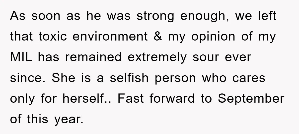 As soon as he was strong enough, we left that toxic environment & my opinion of my MIL has remained extremely sour ever since. She is a selfish person who...
