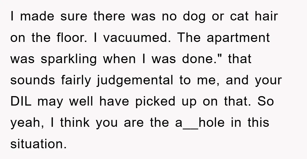 I made sure there was no dog or cat hair on the floor. I vacuumed. The apartment was sparkling when I was done." that sounds fairly judgemental to me, and...