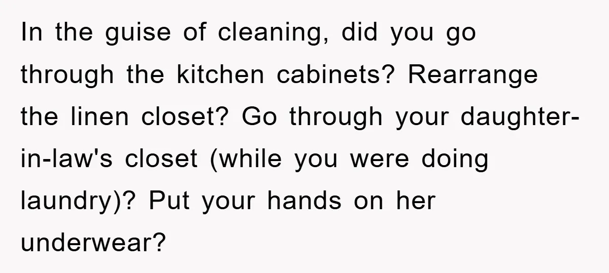 In the guise of cleaning, did you go through the kitchen cabinets? Rearrange the linen closet? Go through your daughter-in-law's closet (while you were doing laundry)? Put your hands on...