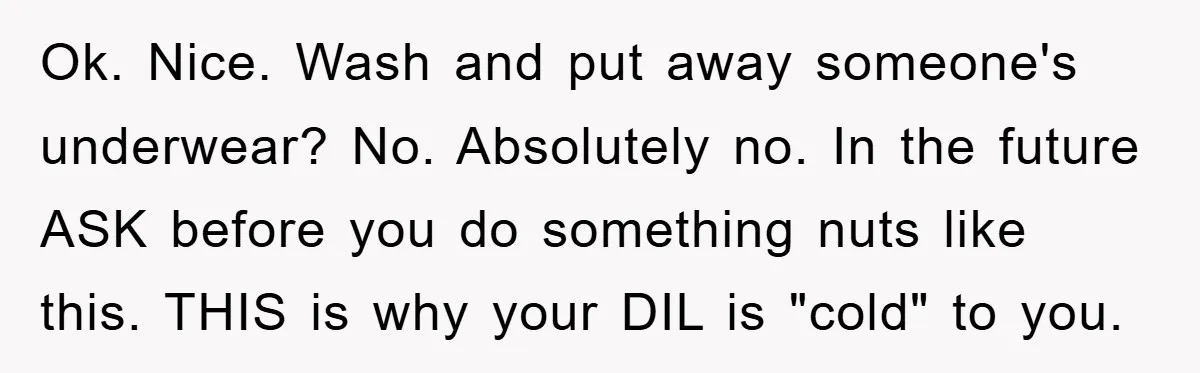 Ok. Nice. Wash and put away someone's underwear? No. Absolutely no. In the future ASK before you do something nuts like this. THIS is why your DIL is "cold" to...