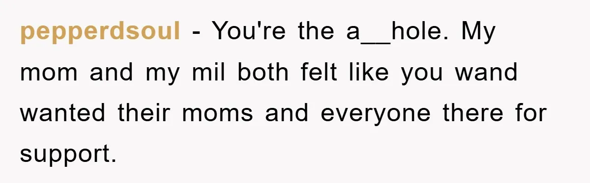 pepperdsoul − You're the a__hole. My mom and my mil both felt like you wand wanted their moms and everyone there for support.