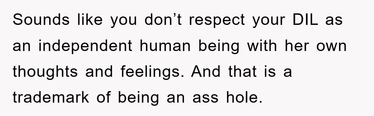 Sounds like you don’t respect your DIL as an independent human being with her own thoughts and feelings. And that is a trademark of being an ass hole.