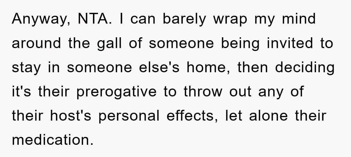 Anyway, NTA. I can barely wrap my mind around the gall of someone being invited to stay in someone else's home, then deciding it's their prerogative to throw out any...