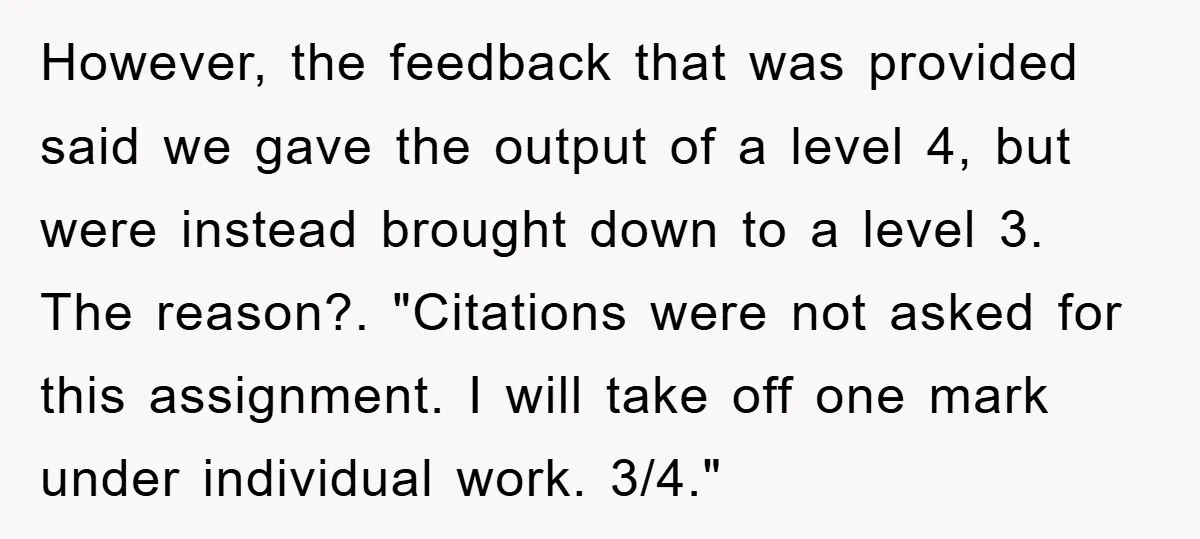 However, the feedback that was provided said we gave the output of a level 4, but were instead brought down to a level 3. The reason?. "Citations were not asked...