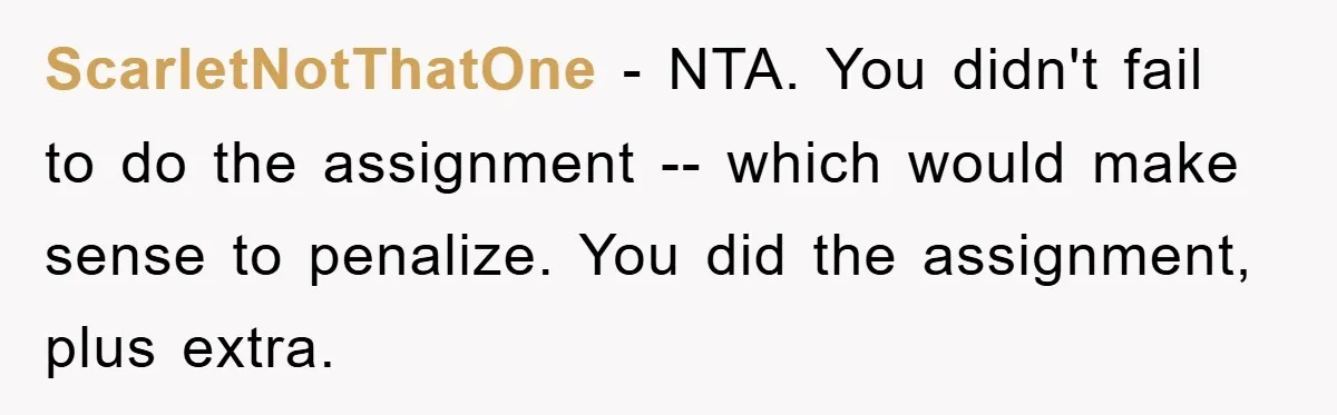 ScarletNotThatOne − NTA. You didn't fail to do the assignment -- which would make sense to penalize. You did the assignment, plus extra.