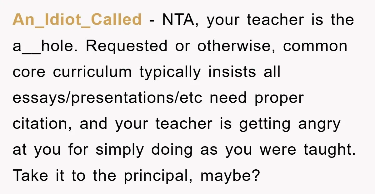 An_Idiot_Called − NTA, your teacher is the a__hole. Requested or otherwise, common core curriculum typically insists all essays/presentations/etc need proper citation, and your teacher is getting angry at you for...