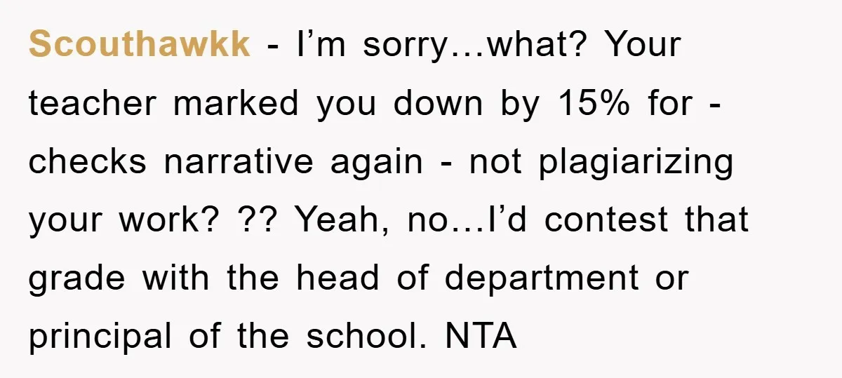 Scouthawkk − I’m sorry…what? Your teacher marked you down by 15% for - checks narrative again - not plagiarizing your work? ?? Yeah, no…I’d contest that grade with the head...