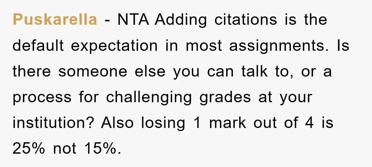 Puskarella − NTA Adding citations is the default expectation in most assignments. Is there someone else you can talk to, or a process for challenging grades at your institution? Also...
