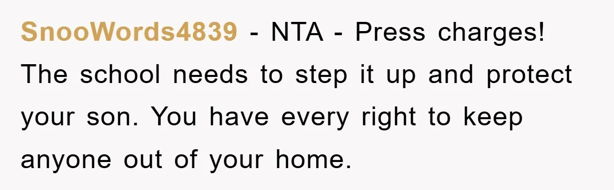 SnooWords4839 − NTA - Press charges! The school needs to step it up and protect your son. You have every right to keep anyone out of your home.
