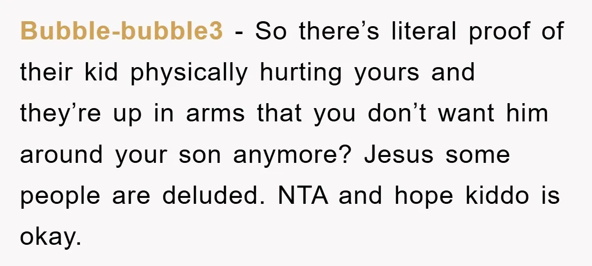 Bubble-bubble3 − So there’s literal proof of their kid physically hurting yours and they’re up in arms that you don’t want him around your son anymore? Jesus some people are...