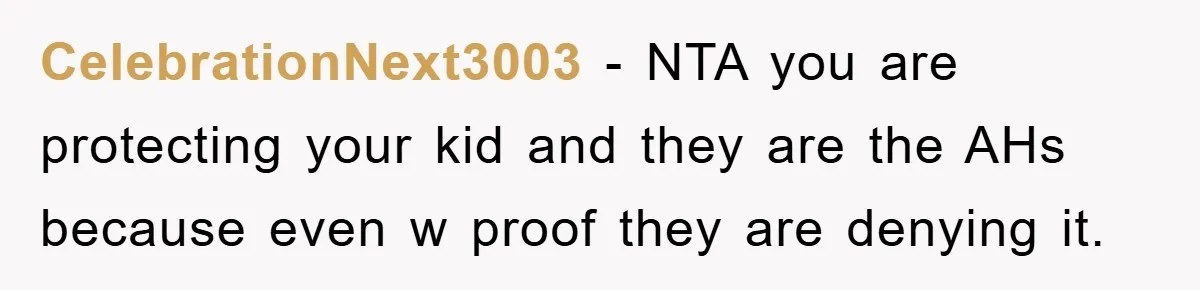 CelebrationNext3003 − NTA you are protecting your kid and they are the AHs because even w proof they are denying it.