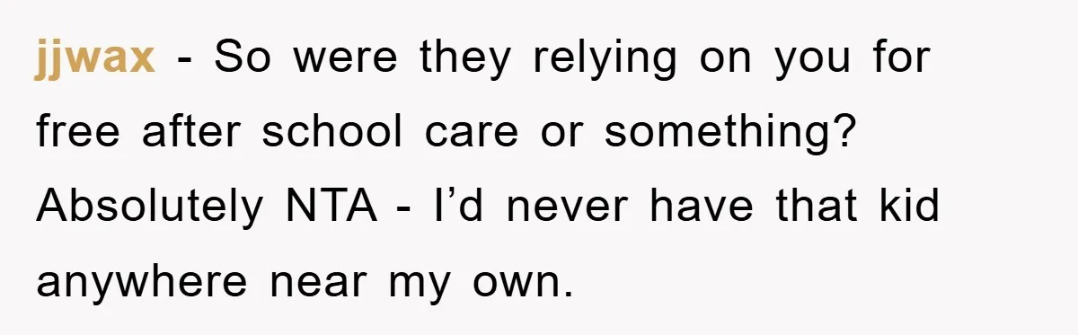 jjwax − So were they relying on you for free after school care or something? Absolutely NTA - I’d never have that kid anywhere near my own.