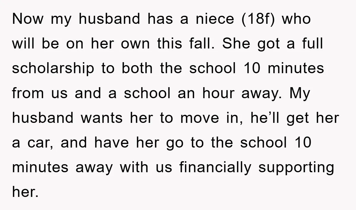 Now my husband has a niece (18f) who will be on her own this fall. She got a full scholarship to both the school 10 minutes from us and a...