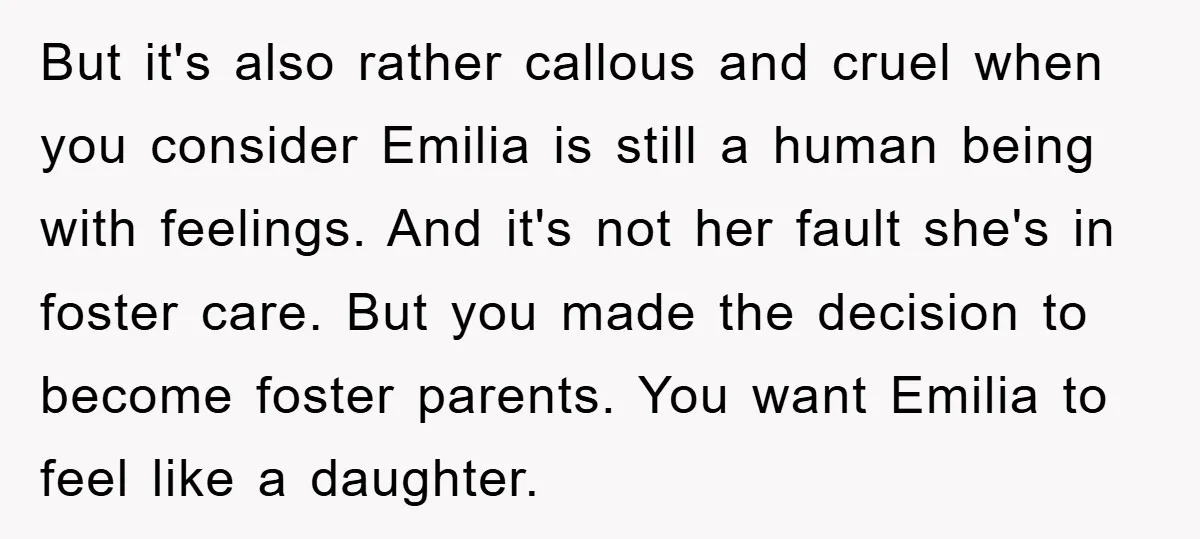 But it's also rather callous and cruel when you consider Emilia is still a human being with feelings. And it's not her fault she's in foster care. But you made...