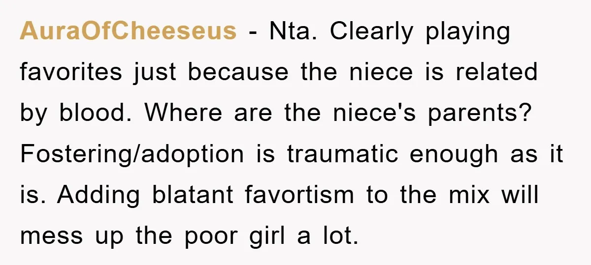 AuraOfCheeseus − Nta. Clearly playing favorites just because the niece is related by blood. Where are the niece's parents? Fostering/adoption is traumatic enough as it is. Adding blatant favortism to...
