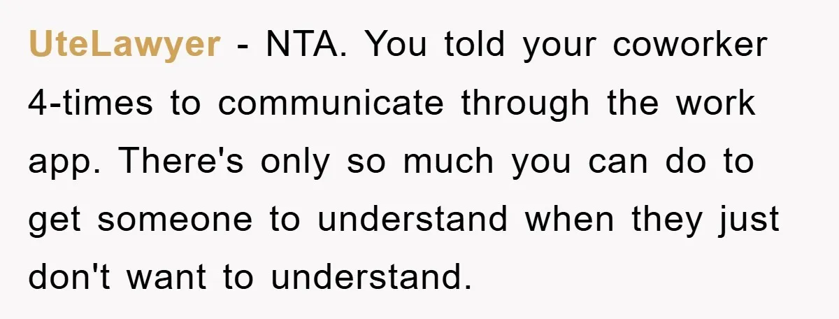 UteLawyer − NTA. You told your coworker 4-times to communicate through the work app. There's only so much you can do to get someone to understand when they just don't...