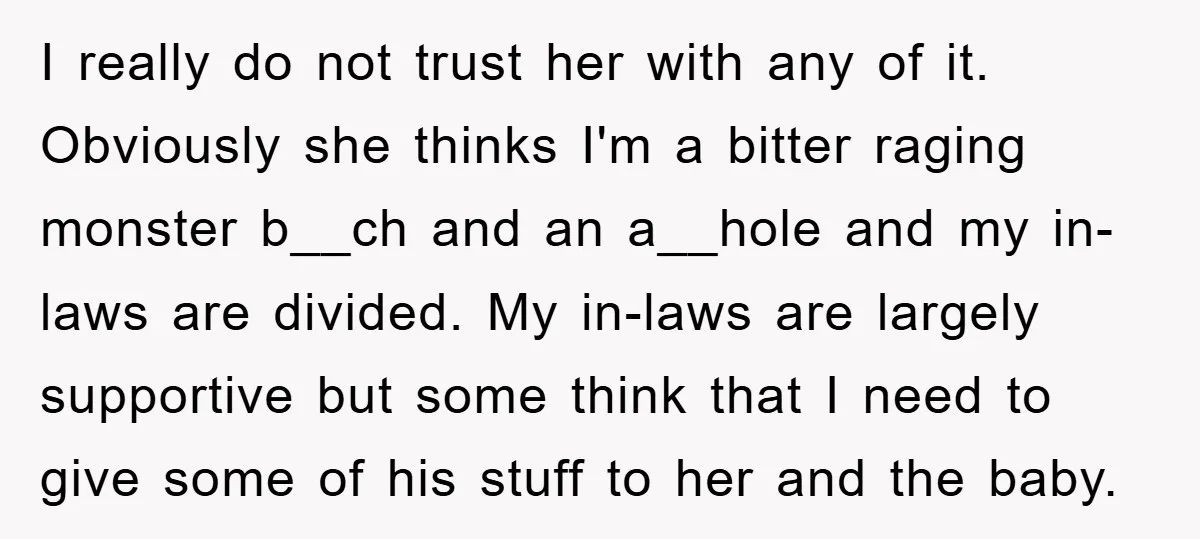 I really do not trust her with any of it. Obviously she thinks I'm a bitter raging monster b__ch and an a__hole and my in-laws are divided. My in-laws are...
