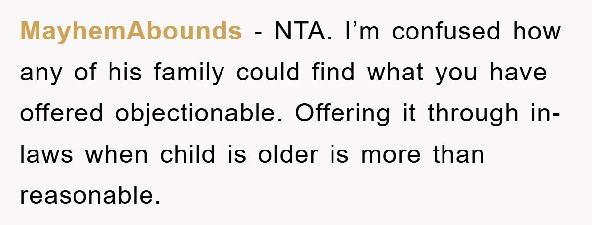 MayhemAbounds − NTA. I’m confused how any of his family could find what you have offered objectionable. Offering it through in-laws when child is older is more than reasonable.