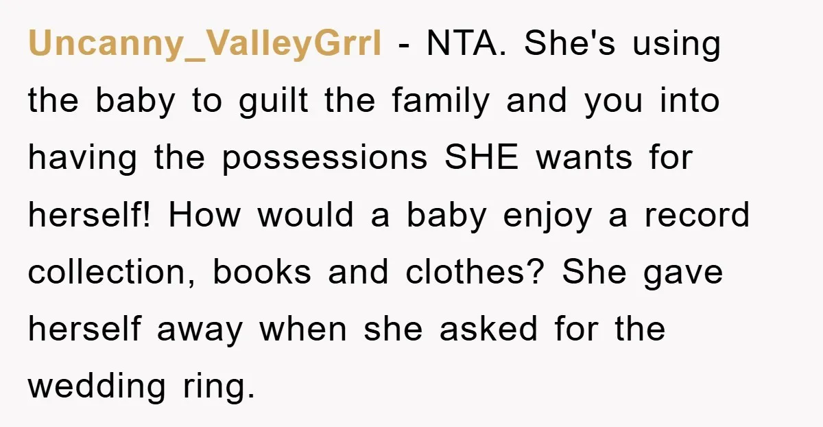 Uncanny_ValleyGrrl − NTA. She's using the baby to guilt the family and you into having the possessions SHE wants for herself! How would a baby enjoy a record collection, books...
