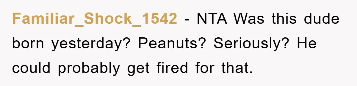 Familiar_Shock_1542 − NTA Was this dude born yesterday? Peanuts? Seriously? He could probably get fired for that.
