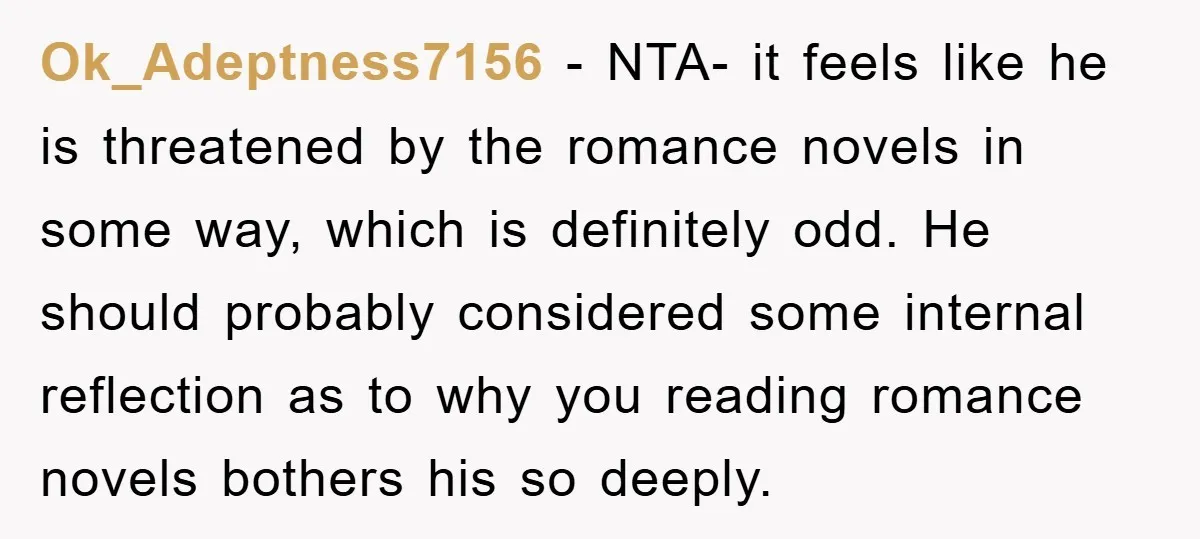 Ok_Adeptness7156 − NTA- it feels like he is threatened by the romance novels in some way, which is definitely odd. He should probably considered some internal reflection as to why...