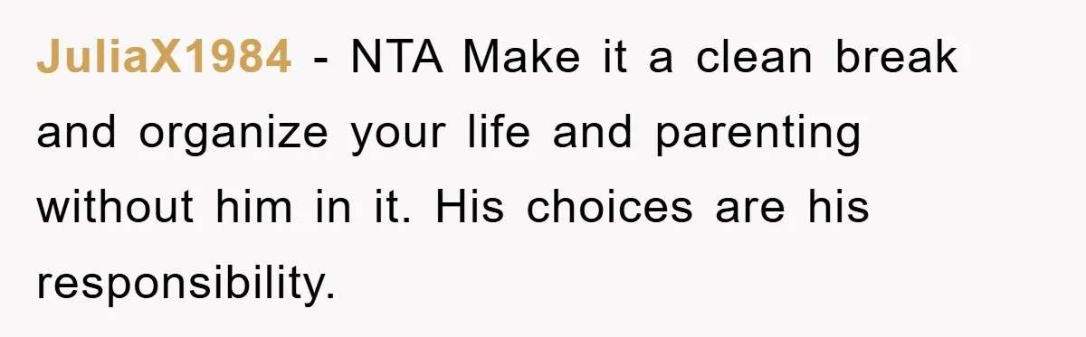 JuliaX1984 − NTA Make it a clean break and organize your life and parenting without him in it. His choices are his responsibility.