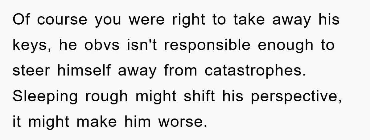 Of course you were right to take away his keys, he obvs isn't responsible enough to steer himself away from catastrophes. Sleeping rough might shift his perspective, it might make...