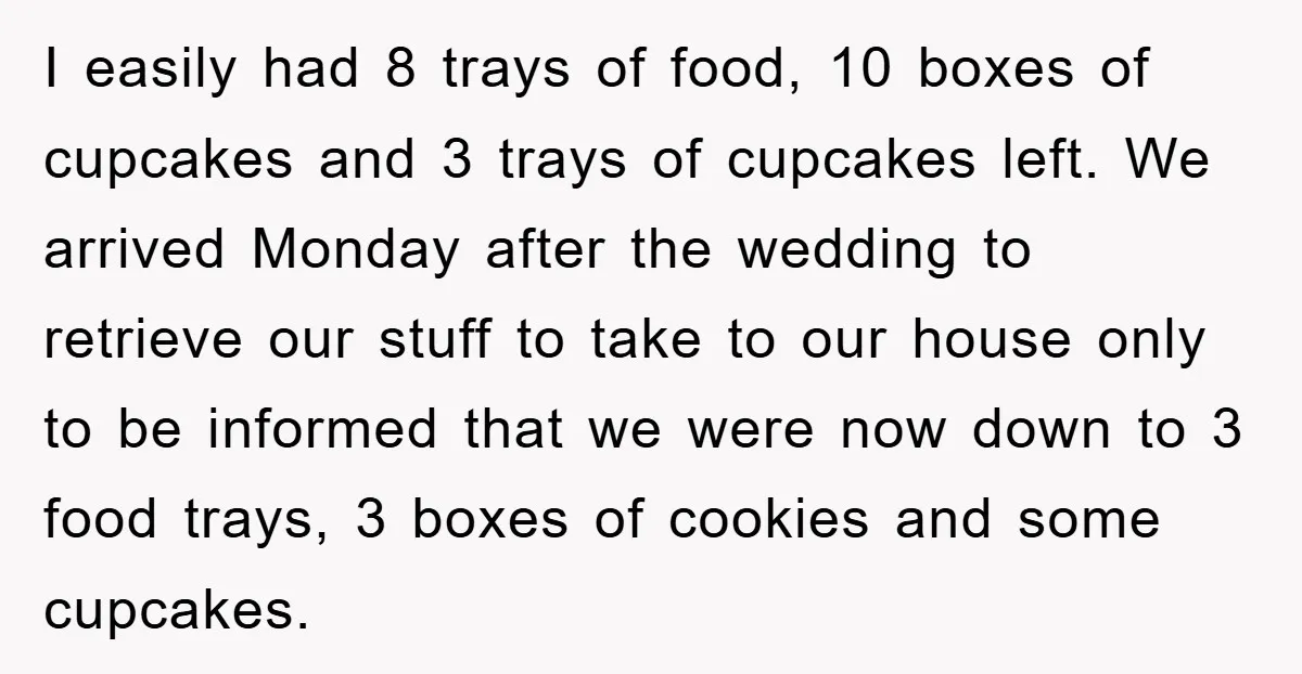 I easily had 8 trays of food, 10 boxes of cupcakes and 3 trays of cupcakes left. We arrived Monday after the wedding to retrieve our stuff to take to...