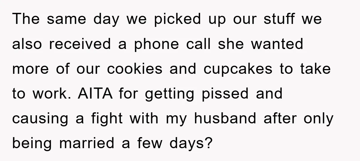 The same day we picked up our stuff we also received a phone call she wanted more of our cookies and cupcakes to take to work. AITA for getting pissed...