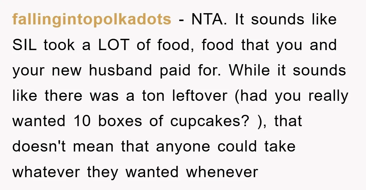 fallingintopolkadots − NTA. It sounds like SIL took a LOT of food, food that you and your new husband paid for. While it sounds like there was a ton leftover...
