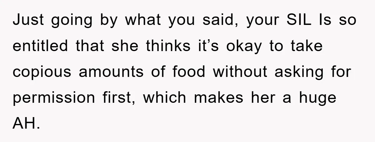 Just going by what you said, your SIL Is so entitled that she thinks it’s okay to take copious amounts of food without asking for permission first, which makes her...